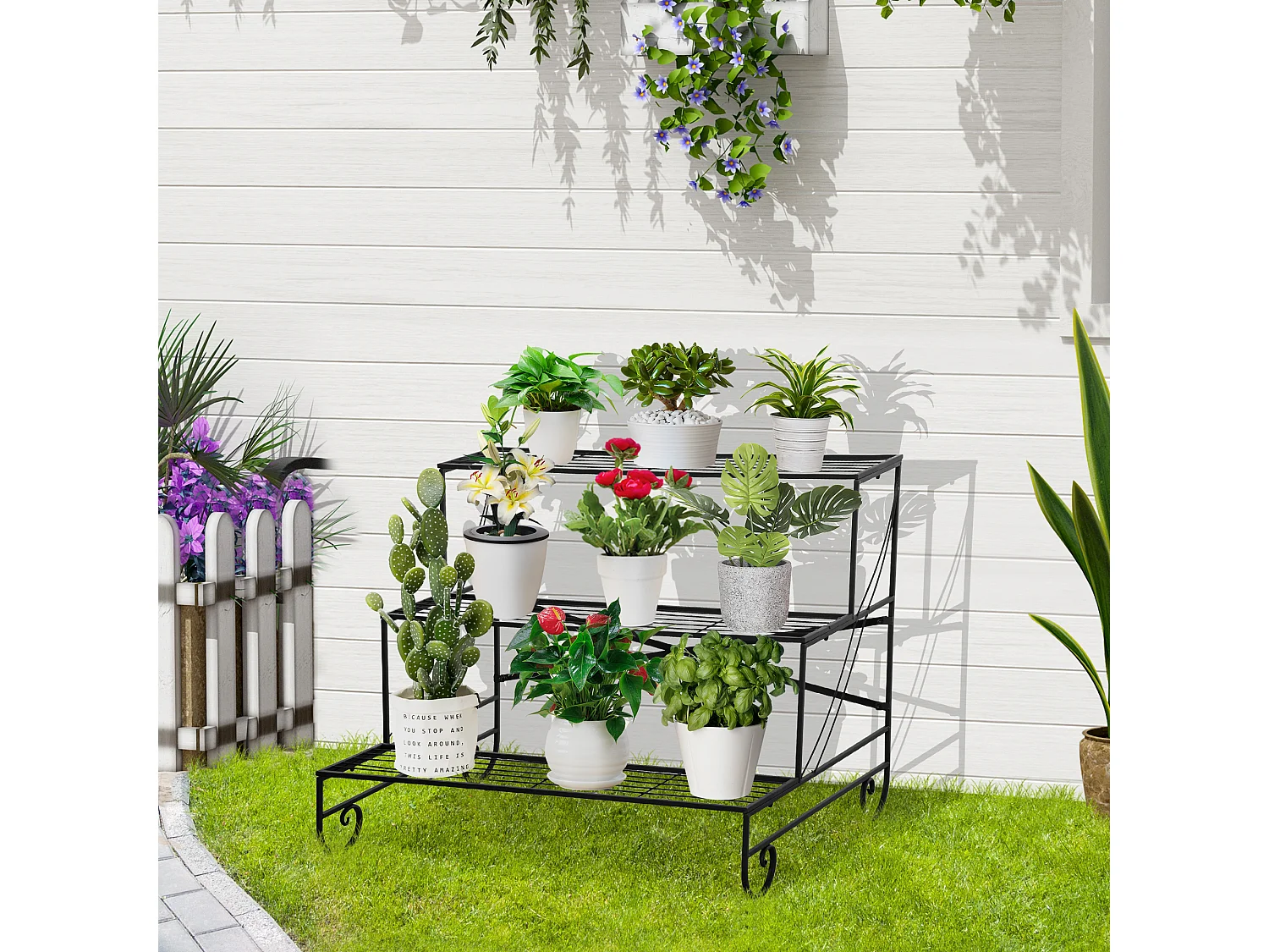 Portapiante in ferro battuto da esterno a 3 livelli nero