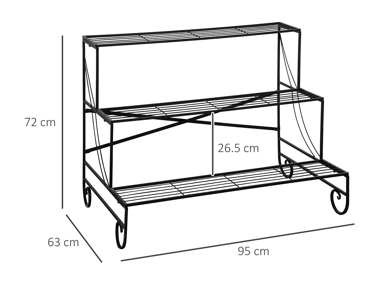Portapiante in ferro battuto da esterno a 3 livelli nero