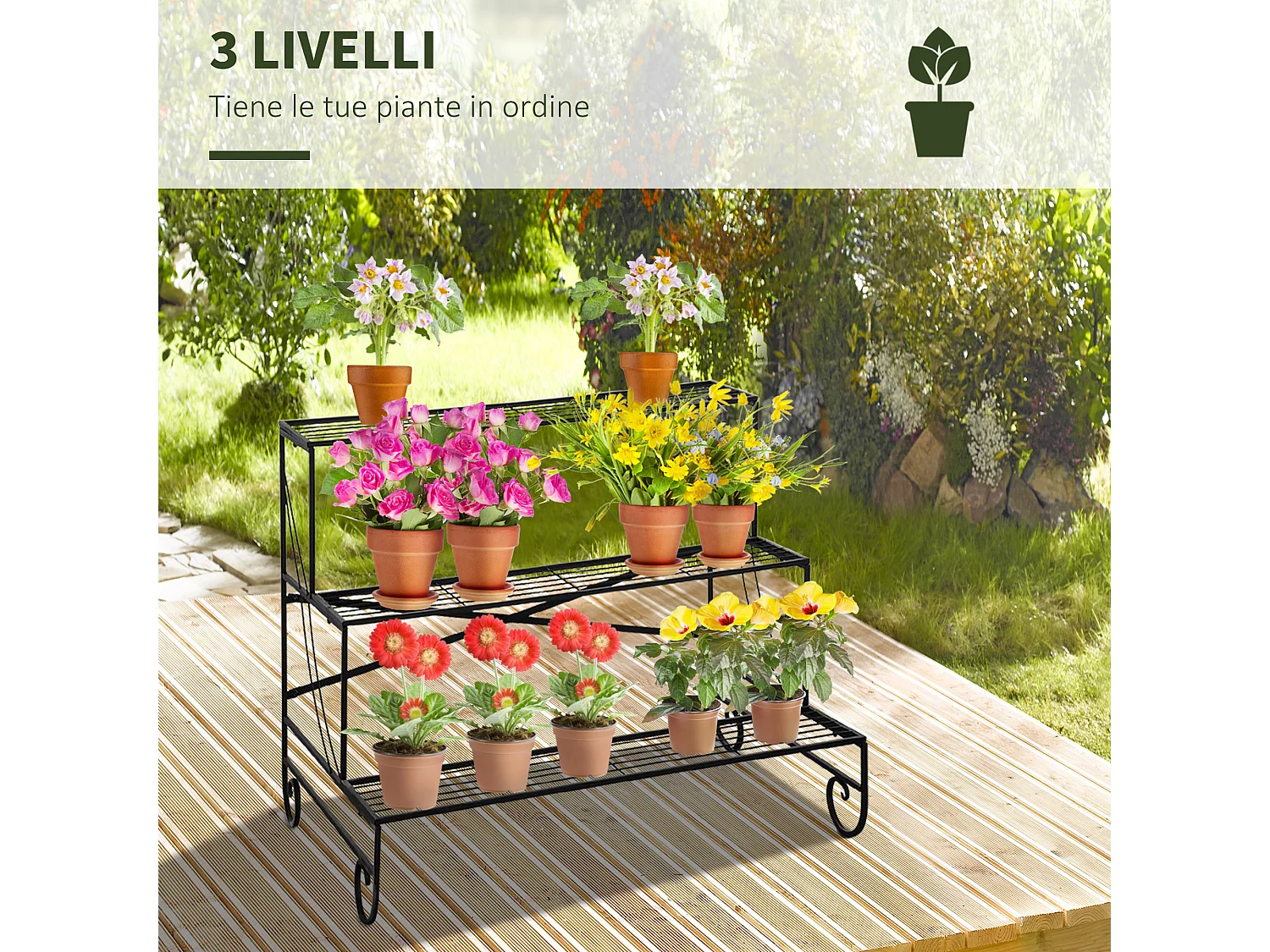 Portapiante in ferro battuto da esterno a 3 livelli nero