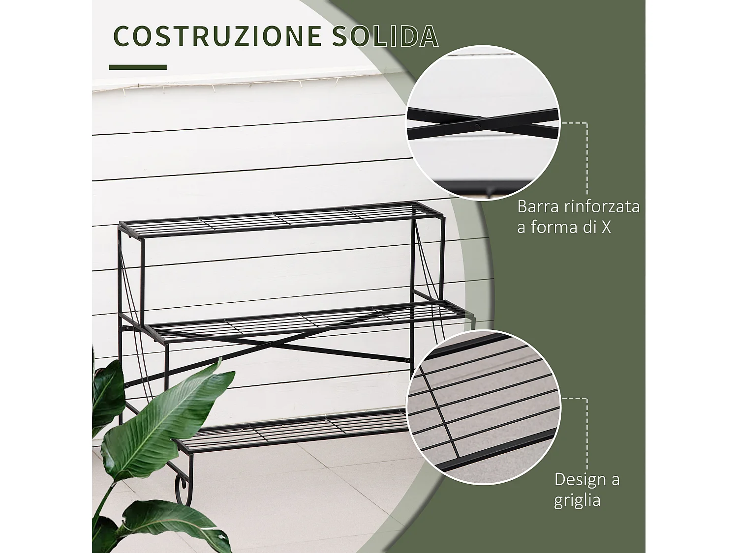 Portapiante in ferro battuto da esterno a 3 livelli nero