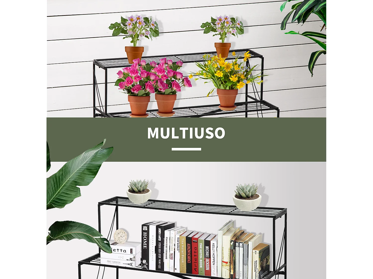 Portapiante in ferro battuto da esterno a 3 livelli nero