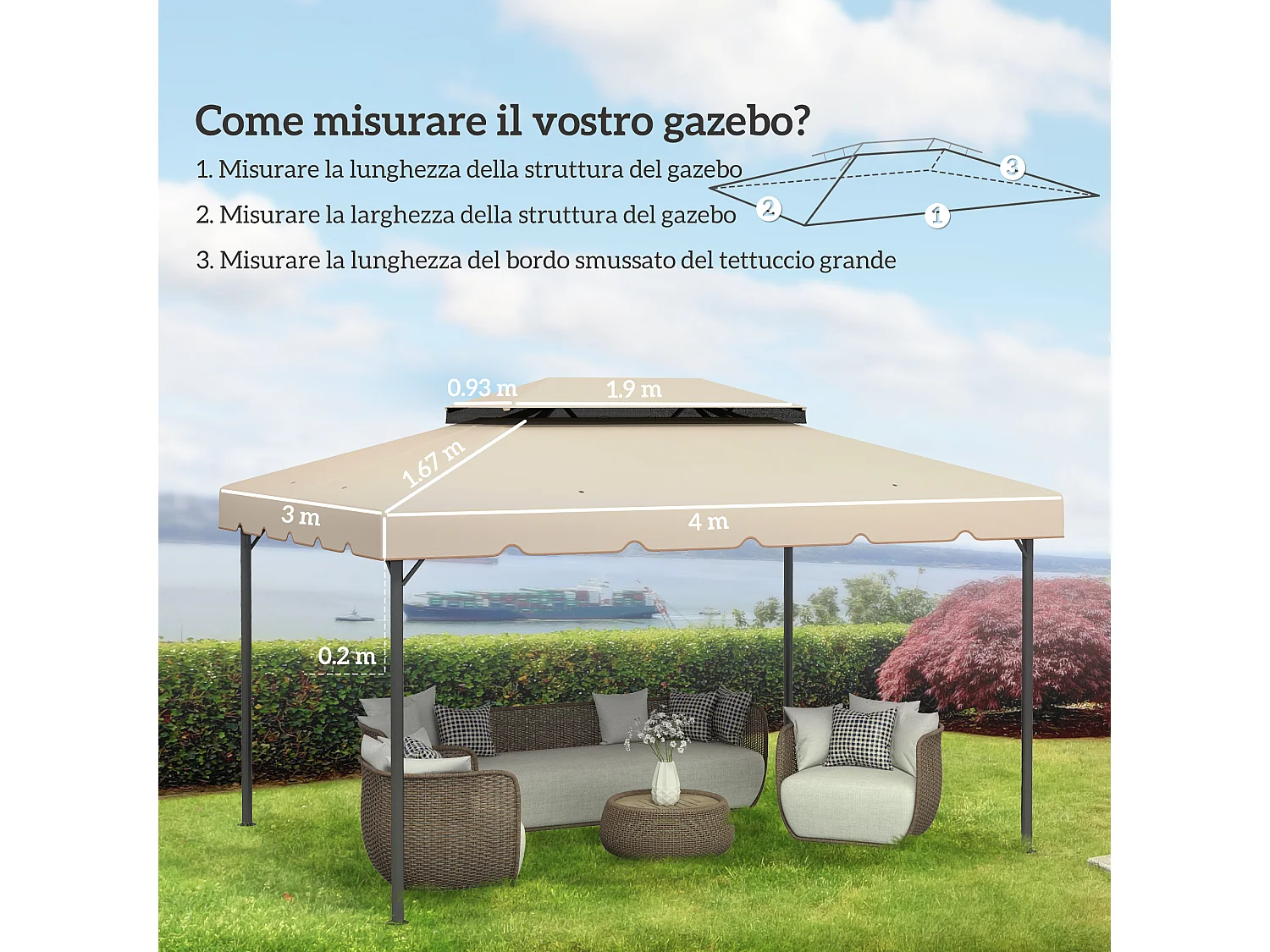 Tetto per gazebo 3x4 m con tetto a 2 livelli in poliestere crema