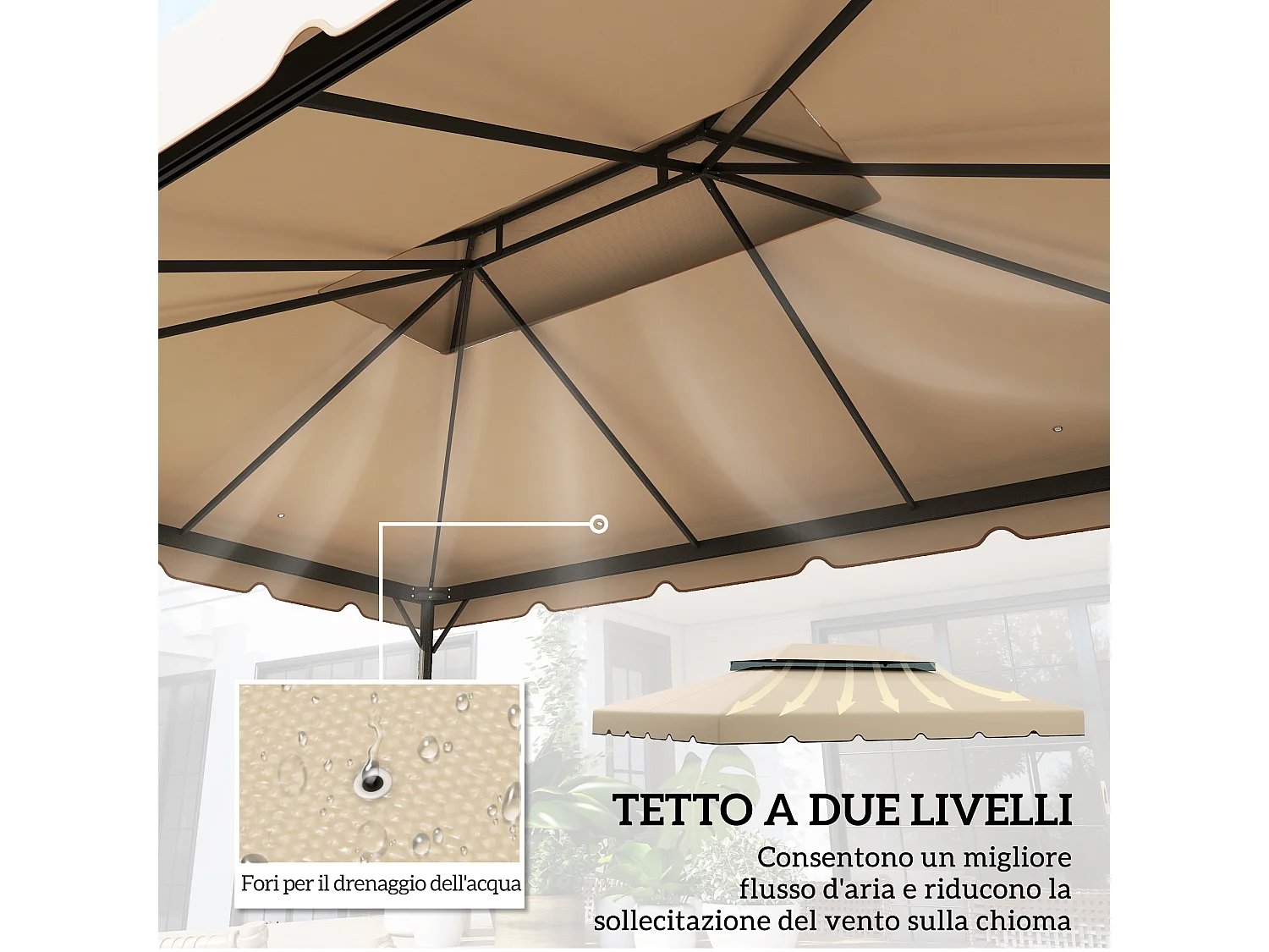 Tetto per gazebo 3x4 m con tetto a 2 livelli in poliestere crema