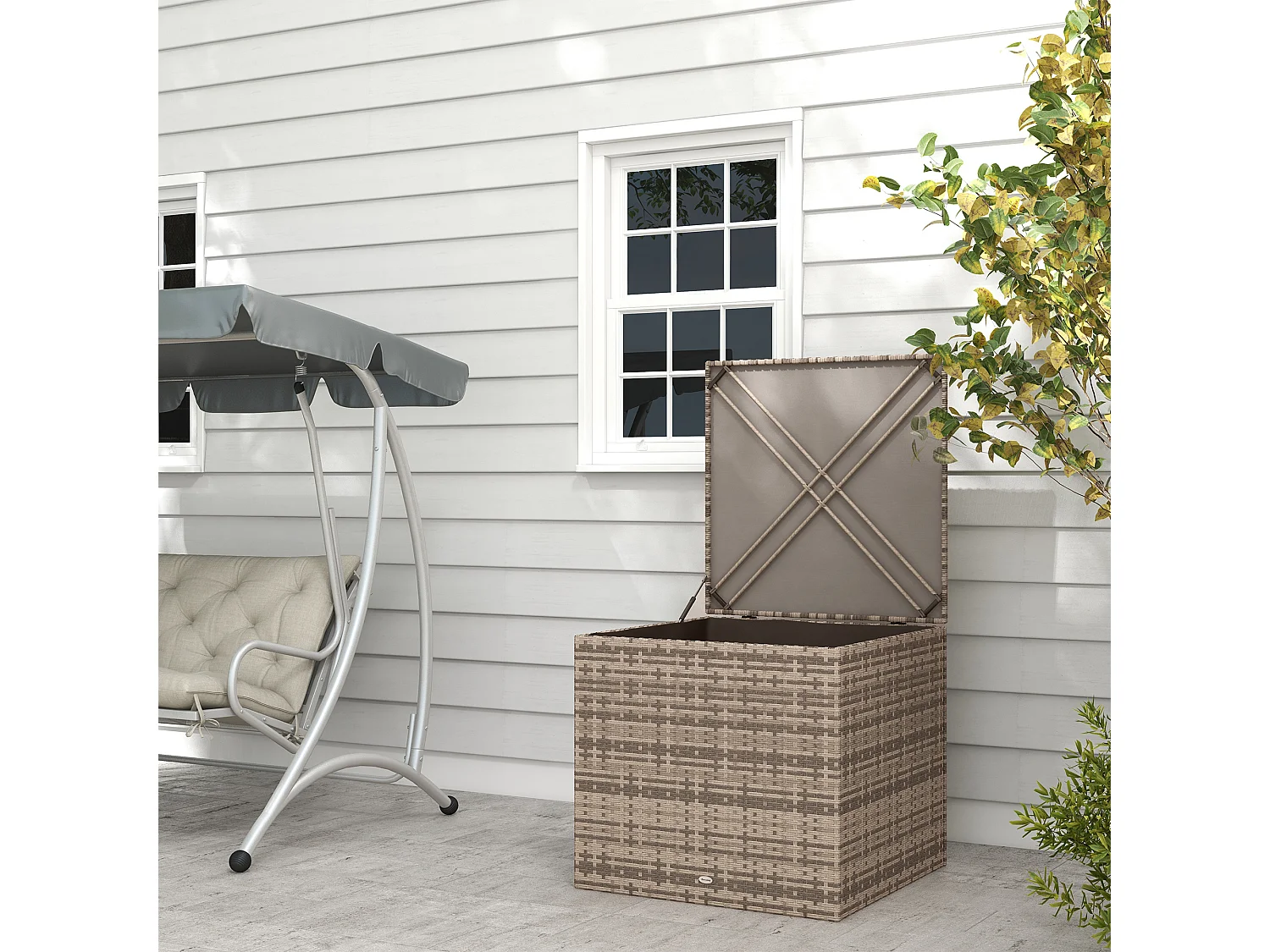 Baule da esterno in rattan pe e acciaio con fodera interna nero sabbia