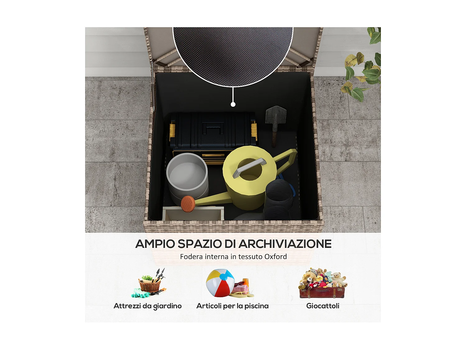 Baule da esterno in rattan pe e acciaio con fodera interna nero sabbia