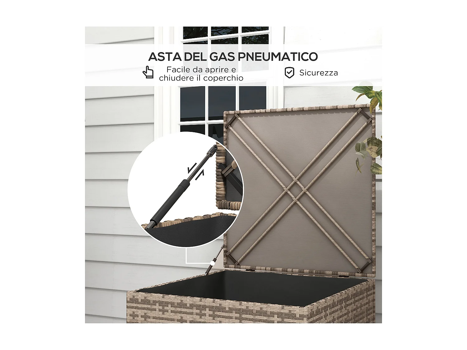 Baule da esterno in rattan pe e acciaio con fodera interna nero sabbia