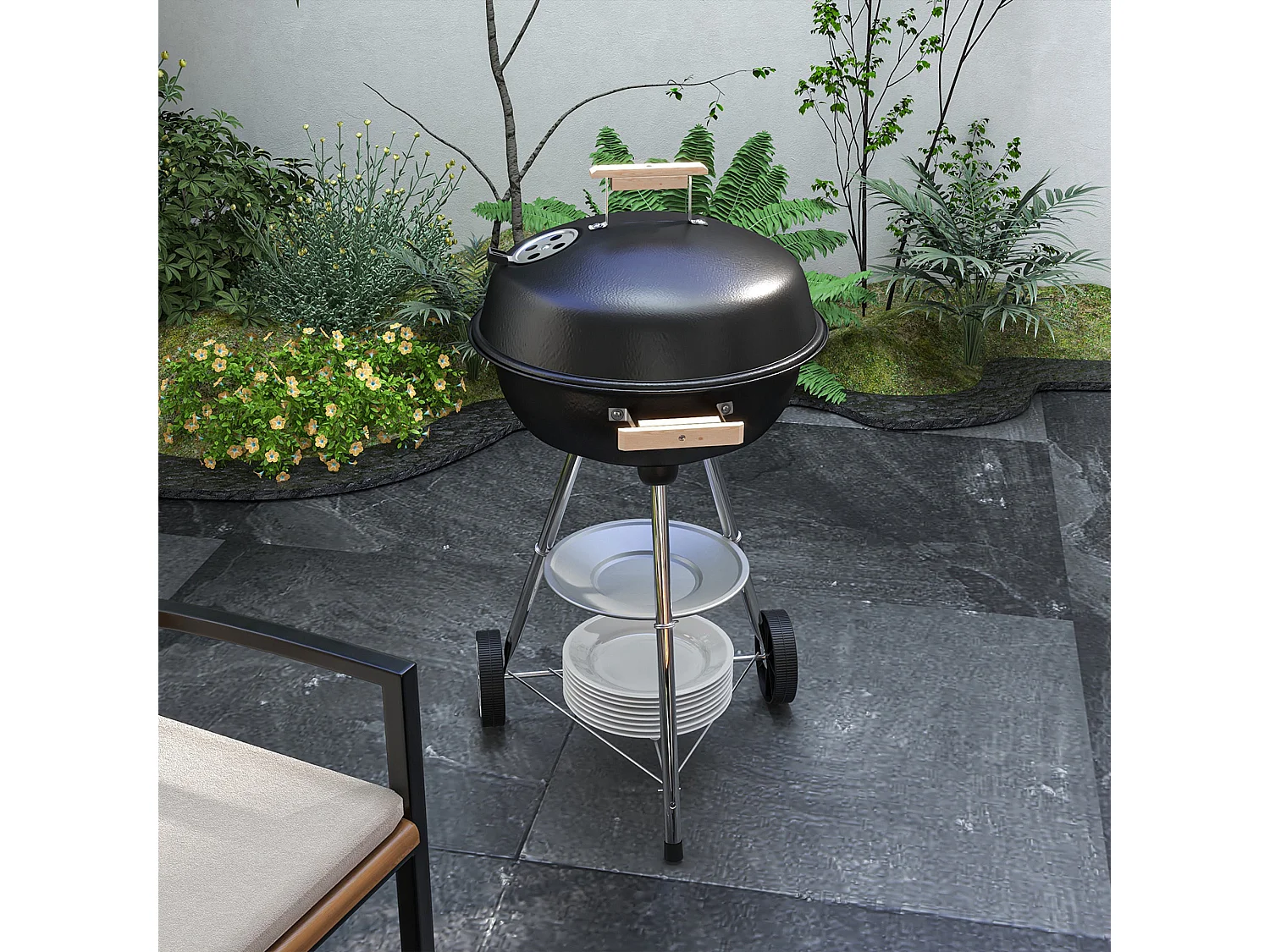 Barbecue a carbone con griglia coperchio e ruote nero