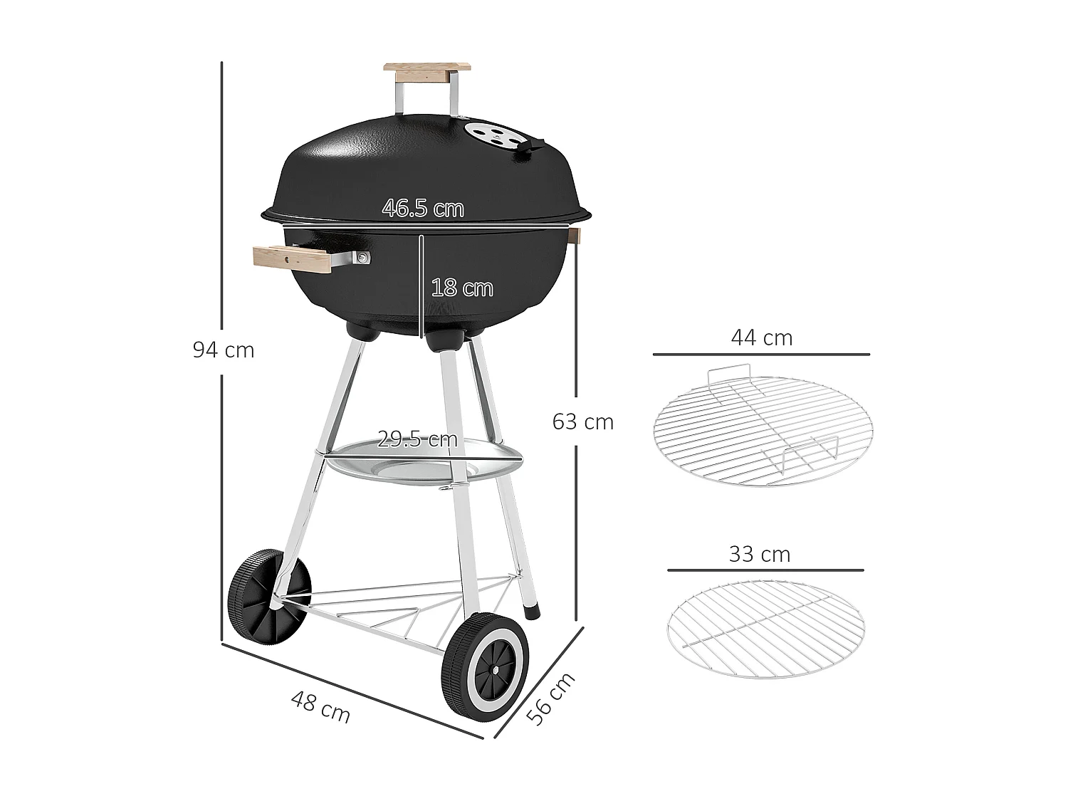 Barbecue a carbone con griglia coperchio e ruote nero