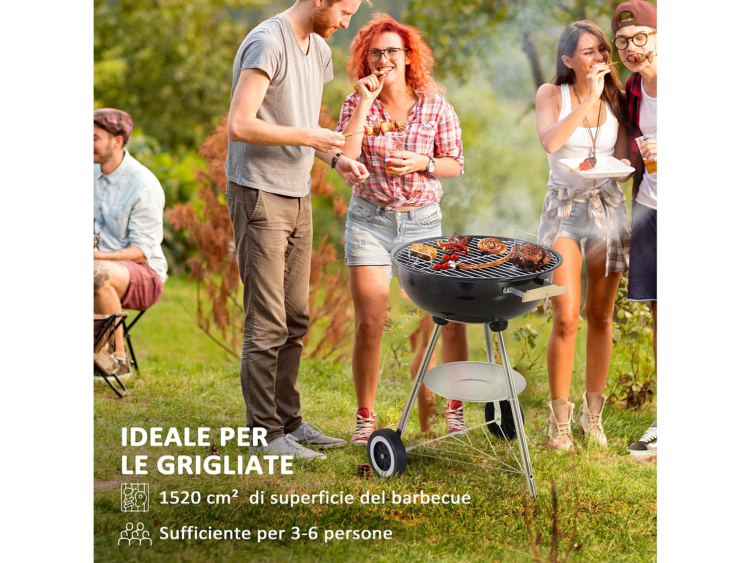 Barbecue a carbone con griglia coperchio e ruote nero