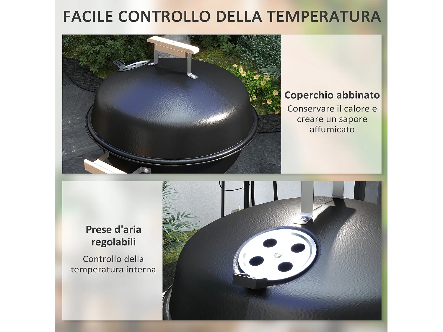 Barbecue a carbone con griglia coperchio e ruote nero