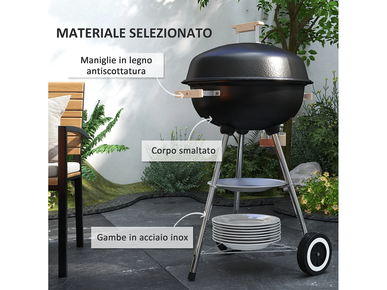 Barbecue a carbone con griglia coperchio e ruote nero