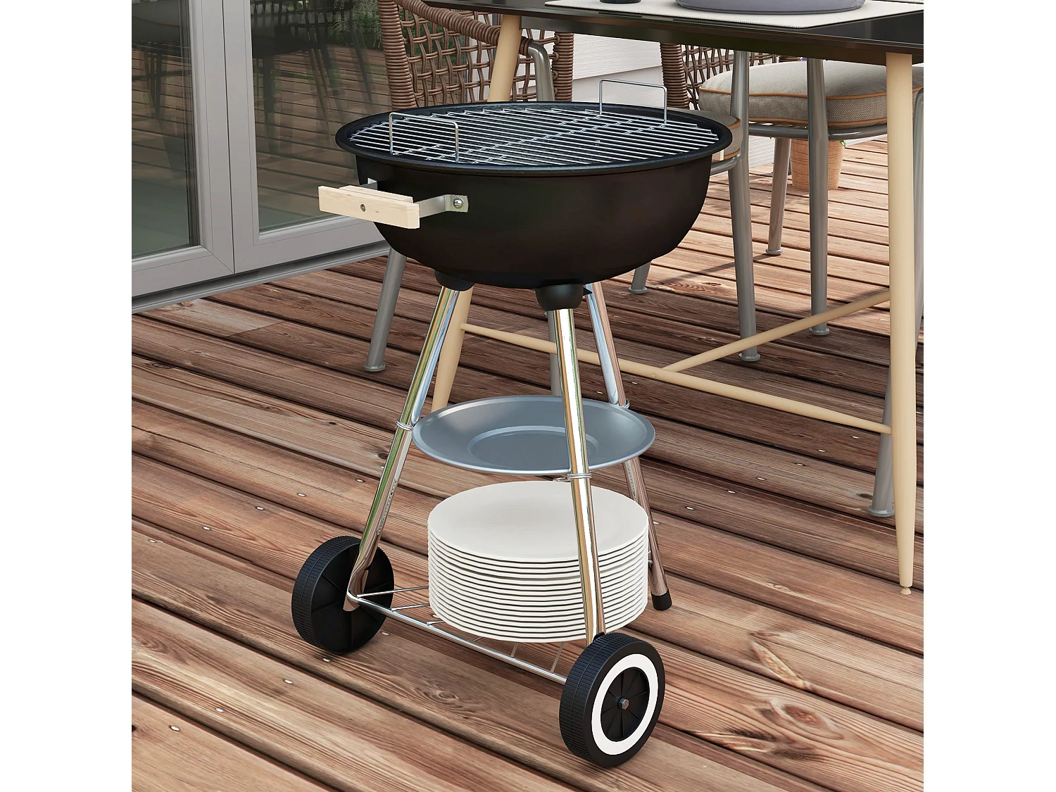 Barbecue a carbone con griglia coperchio e ruote nero