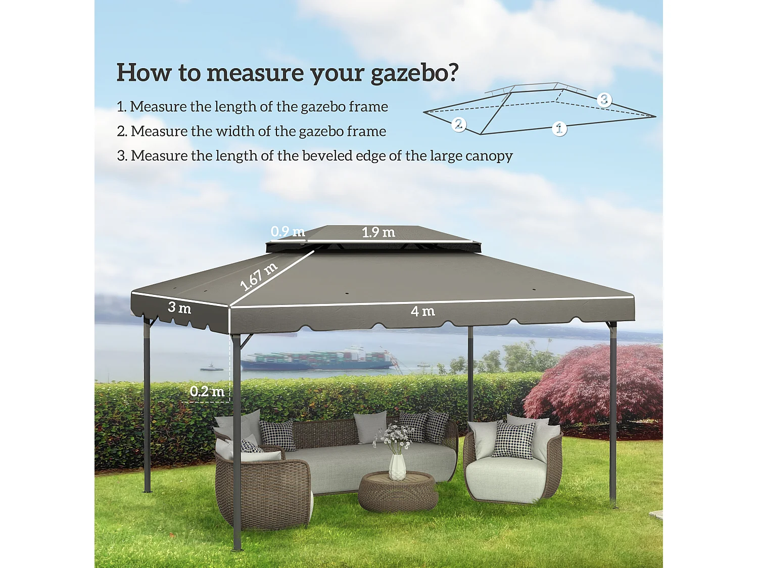Tetto per gazebo 3x4 m con tetto 2 livelli in poliestere grigio chiaro