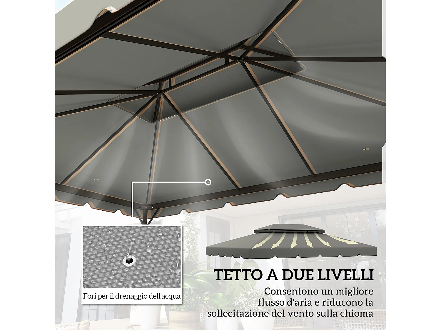 Tetto per gazebo 3x4 m con tetto 2 livelli in poliestere grigio chiaro
