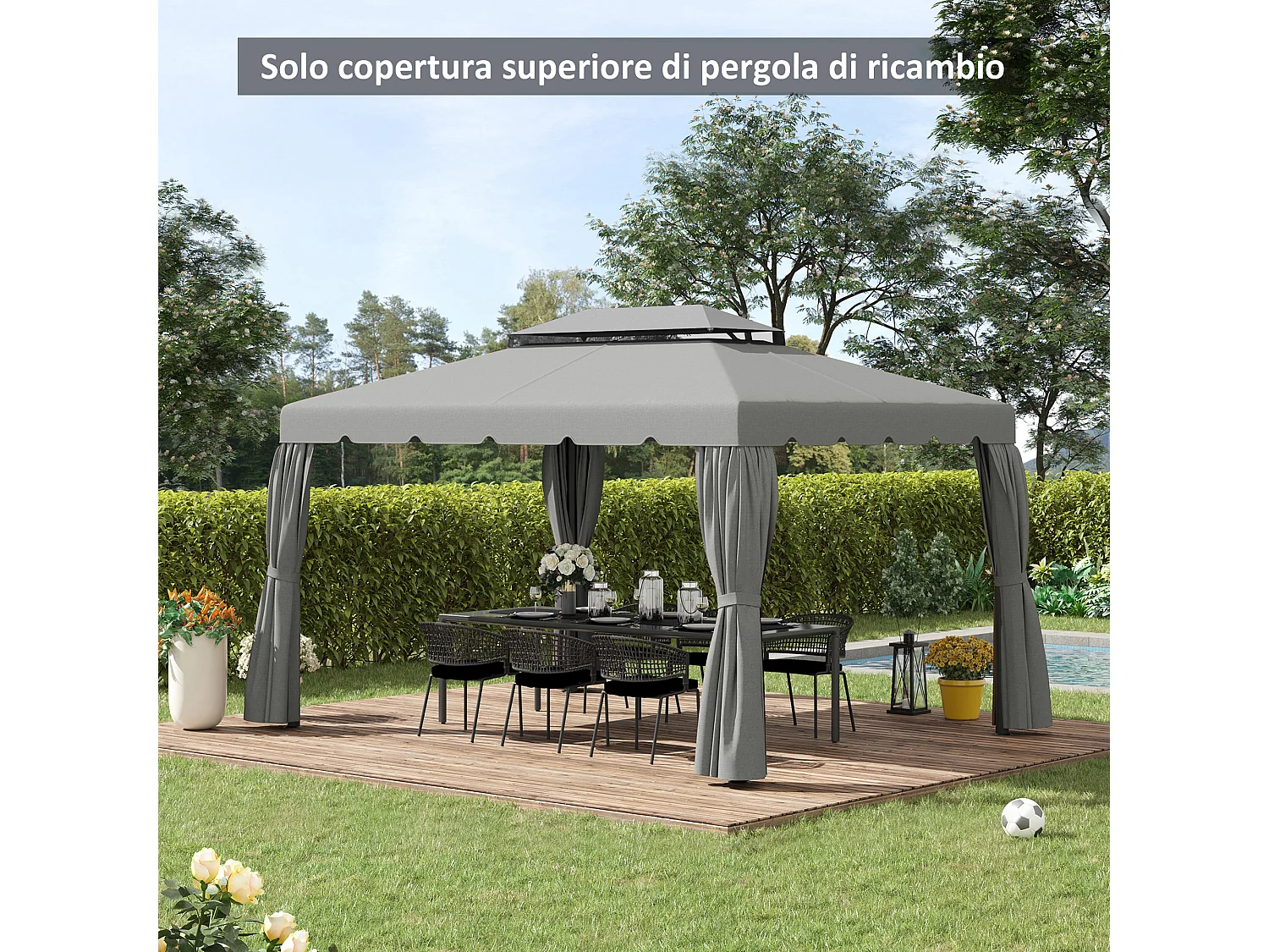 Tetto per gazebo 3x4 m con tetto 2 livelli in poliestere grigio chiaro