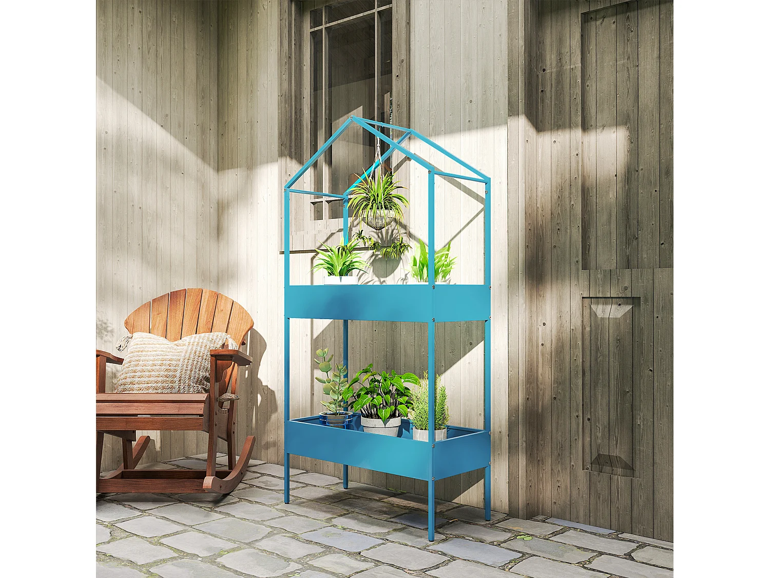 Portavasi a 2 livelli a casetta in metallo 75x35x150 cm blu verde