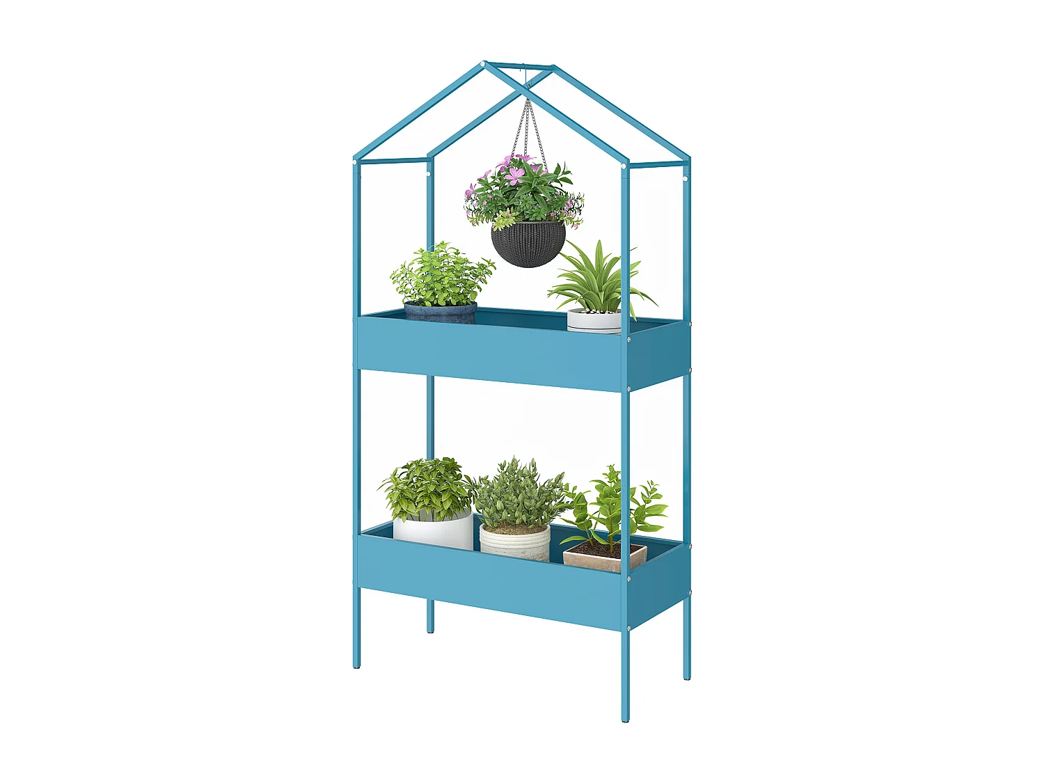 Portavasi a 2 livelli a casetta in metallo 75x35x150 cm blu verde