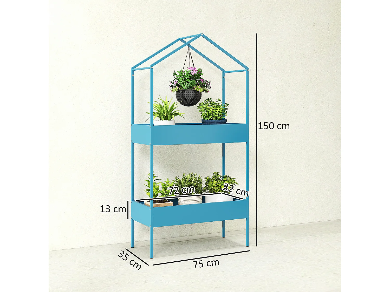 Portavasi a 2 livelli a casetta in metallo 75x35x150 cm blu verde