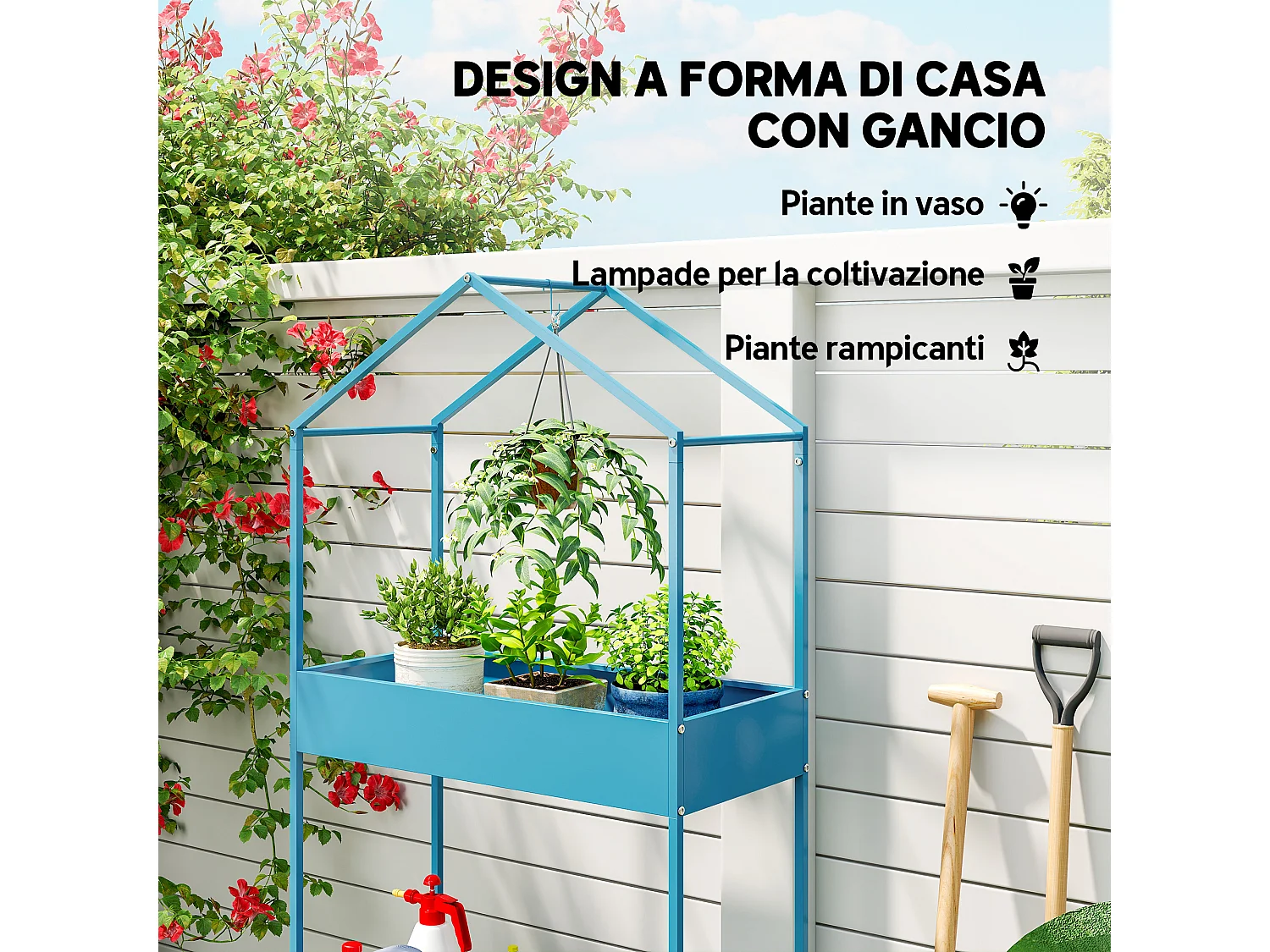 Portavasi a 2 livelli a casetta in metallo 75x35x150 cm blu verde