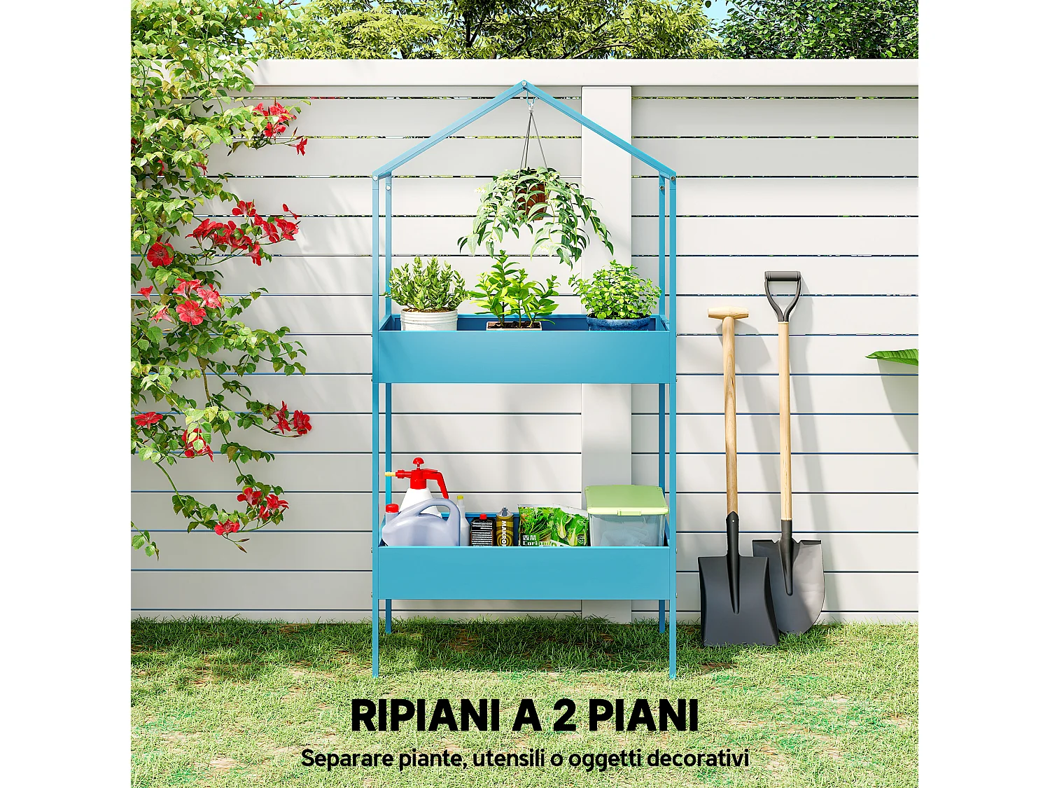 Portavasi a 2 livelli a casetta in metallo 75x35x150 cm blu verde