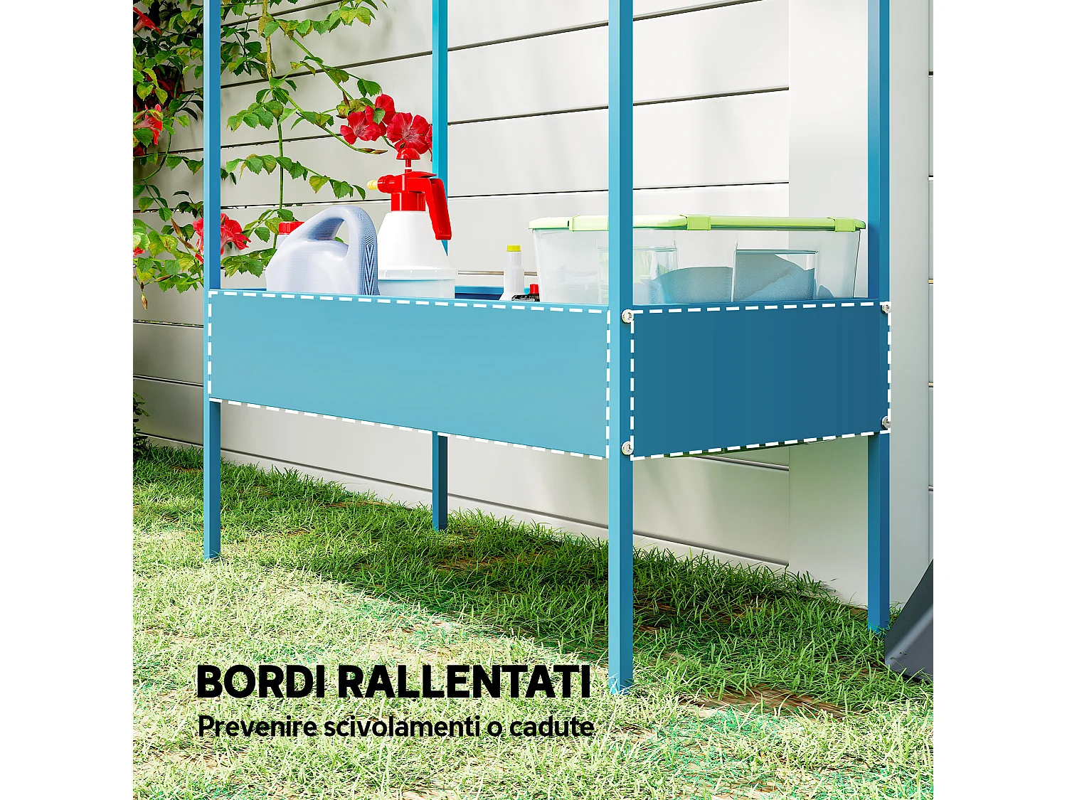 Portavasi a 2 livelli a casetta in metallo 75x35x150 cm blu verde