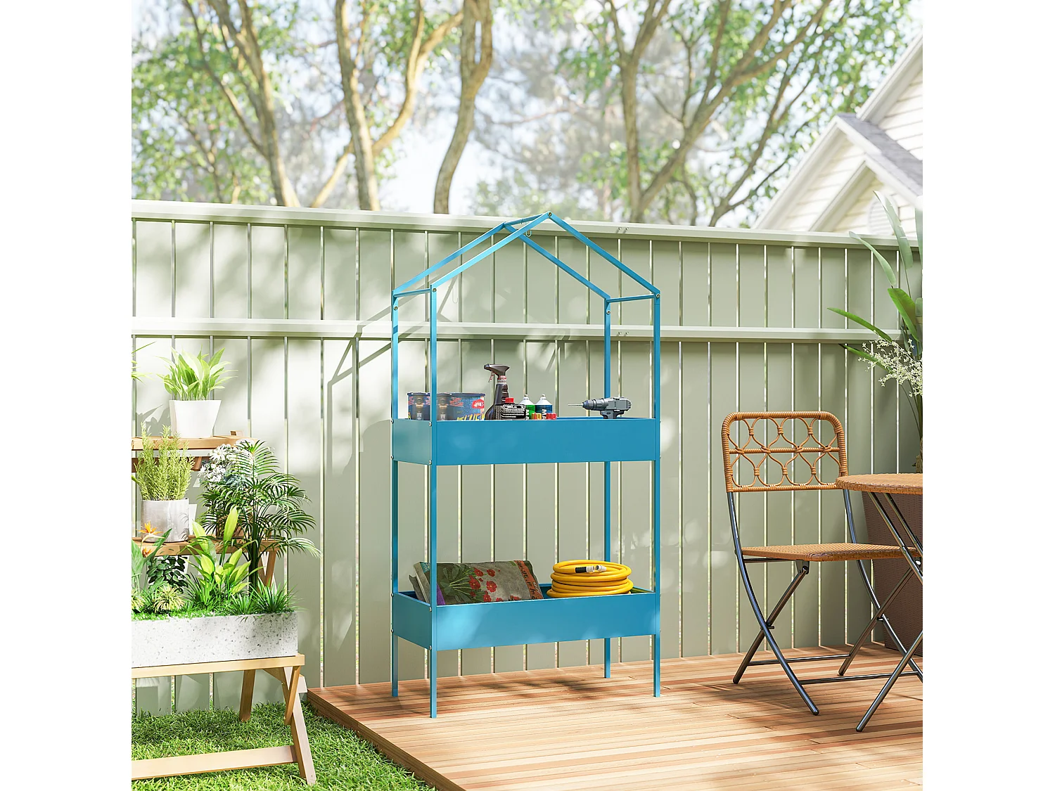 Portavasi a 2 livelli a casetta in metallo 75x35x150 cm blu verde