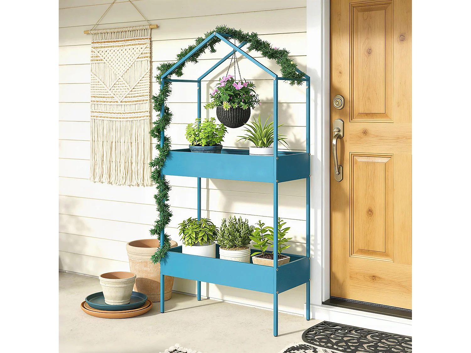 Portavasi a 2 livelli a casetta in metallo 75x35x150 cm blu verde