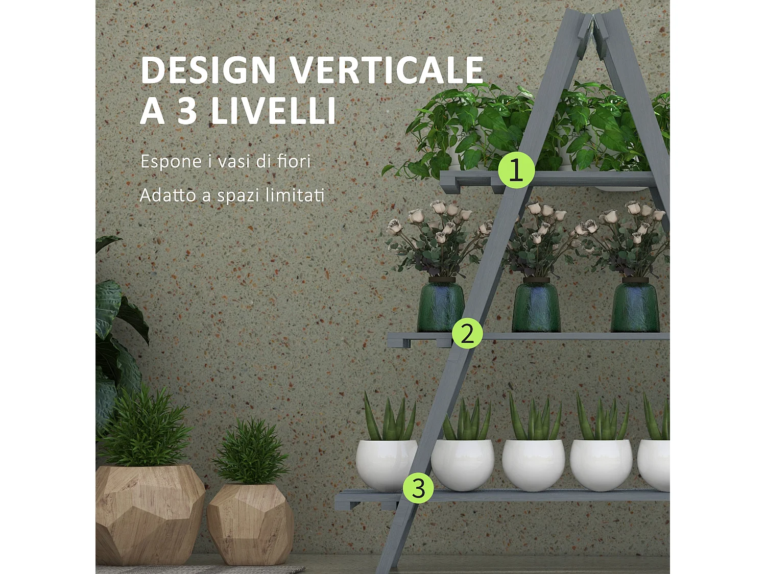 Portapiante verticale 3 livelli a doghe in legno di abete grigio