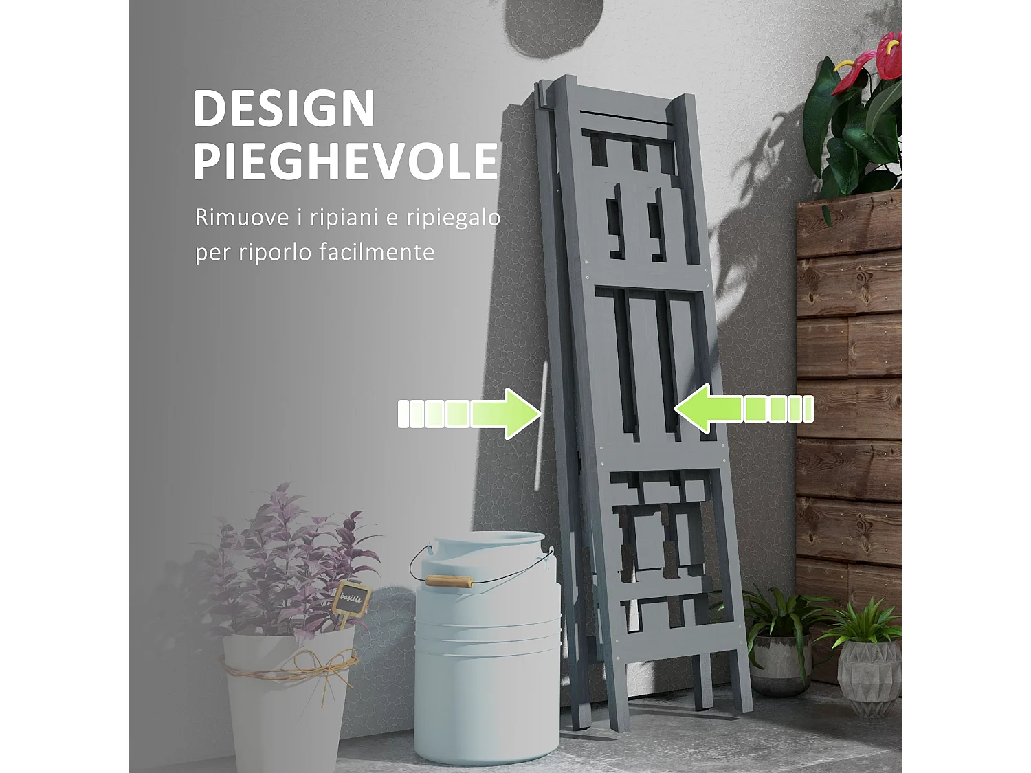 Portapiante verticale 3 livelli a doghe in legno di abete grigio