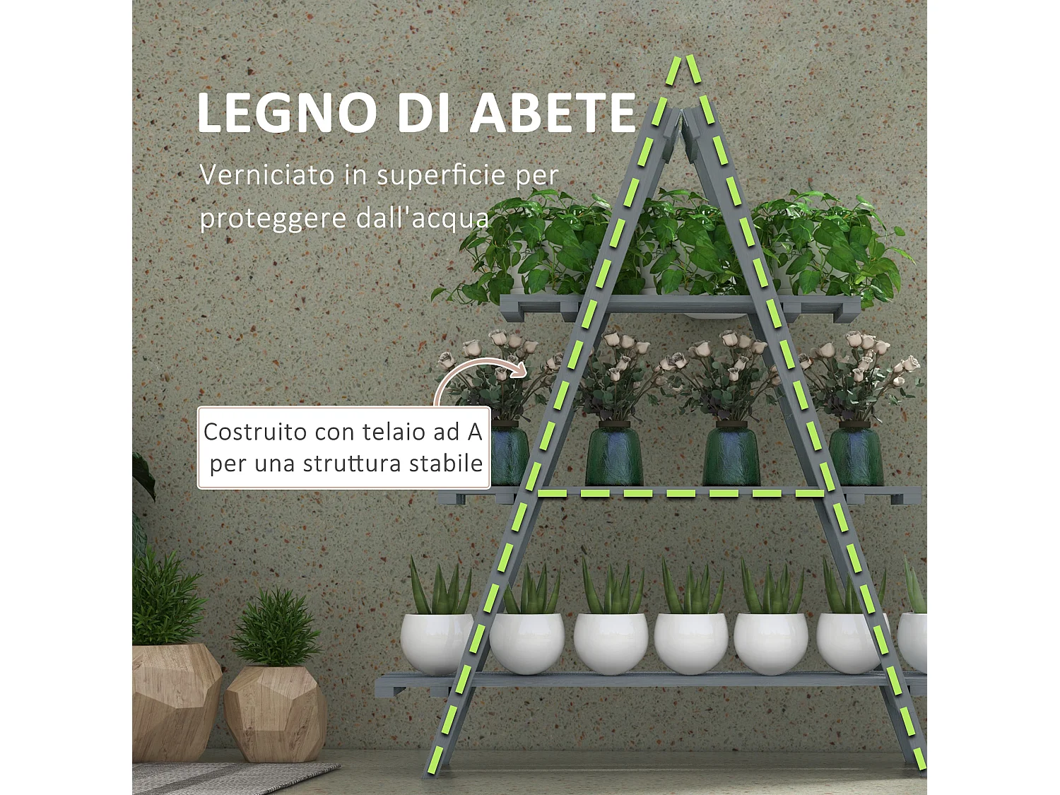 Portapiante verticale 3 livelli a doghe in legno di abete grigio