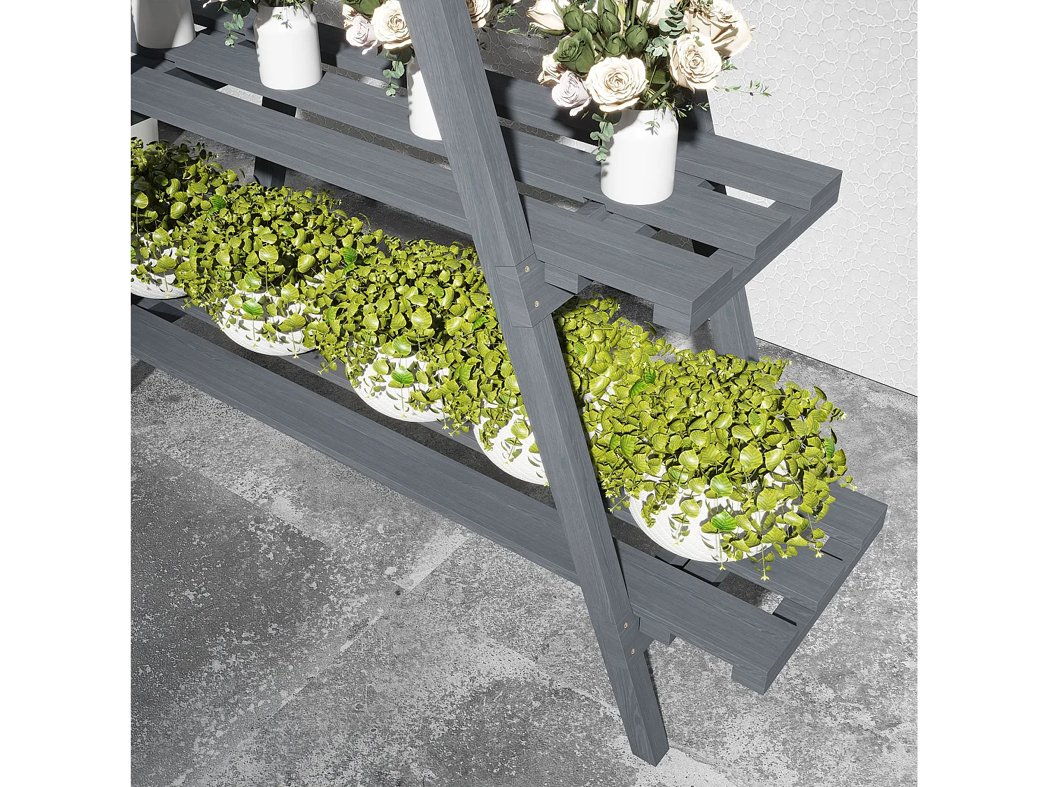 Portapiante verticale 3 livelli a doghe in legno di abete grigio