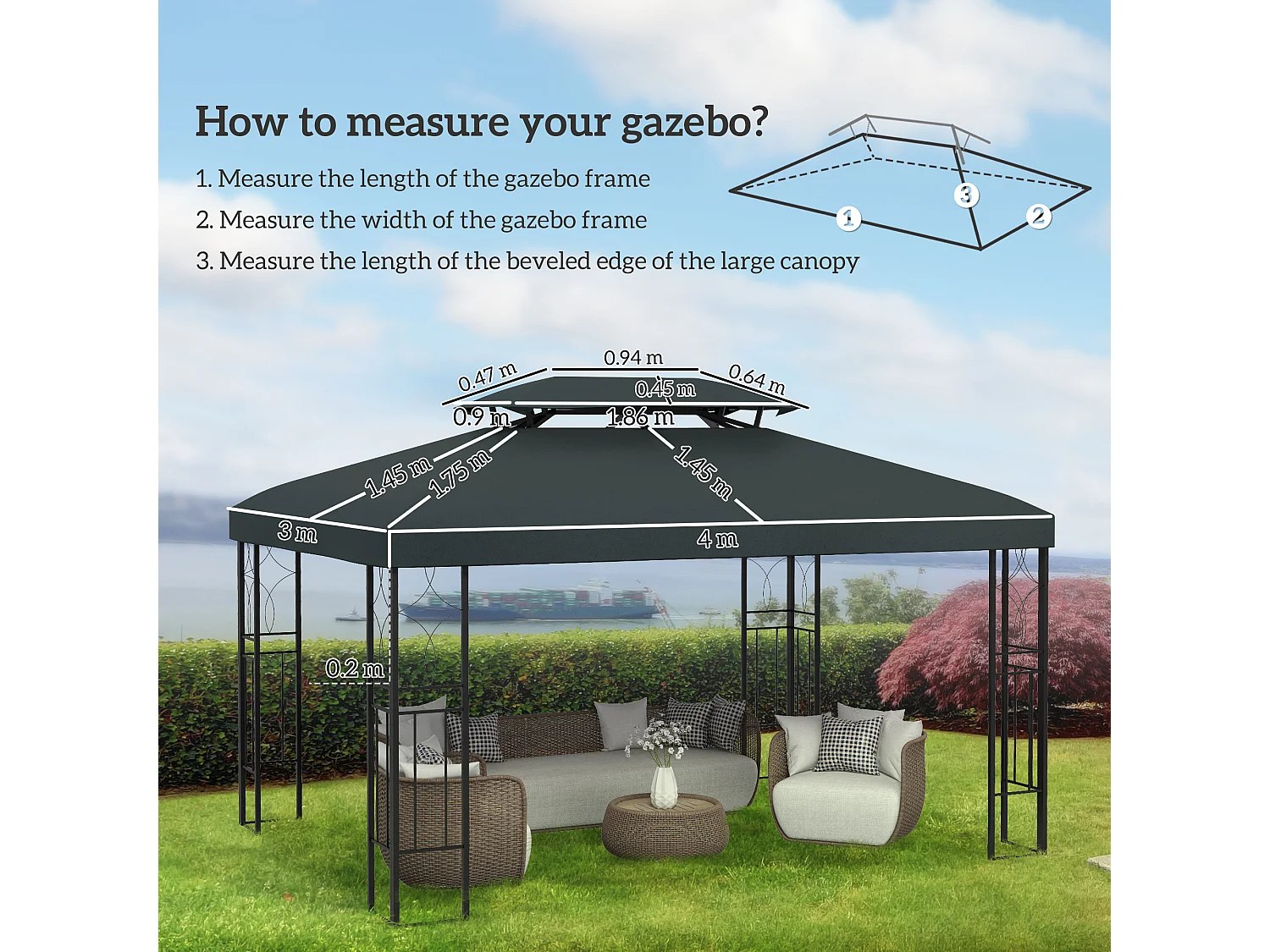 Copertura per gazebo 4x3 a 2 livelli con cinghie grigio antracite