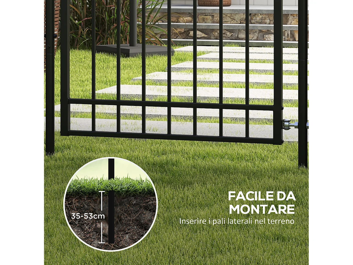 Cancelletto di sicurezza con serratura e 2 paletti in acciaio nero