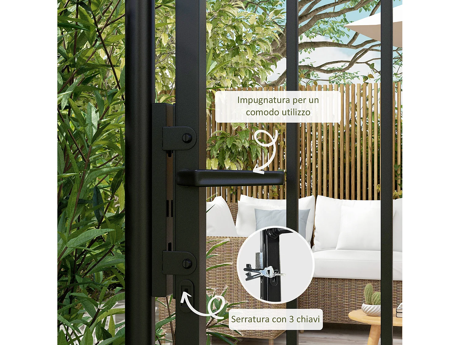 Cancelletto di sicurezza con serratura e 2 paletti in acciaio nero