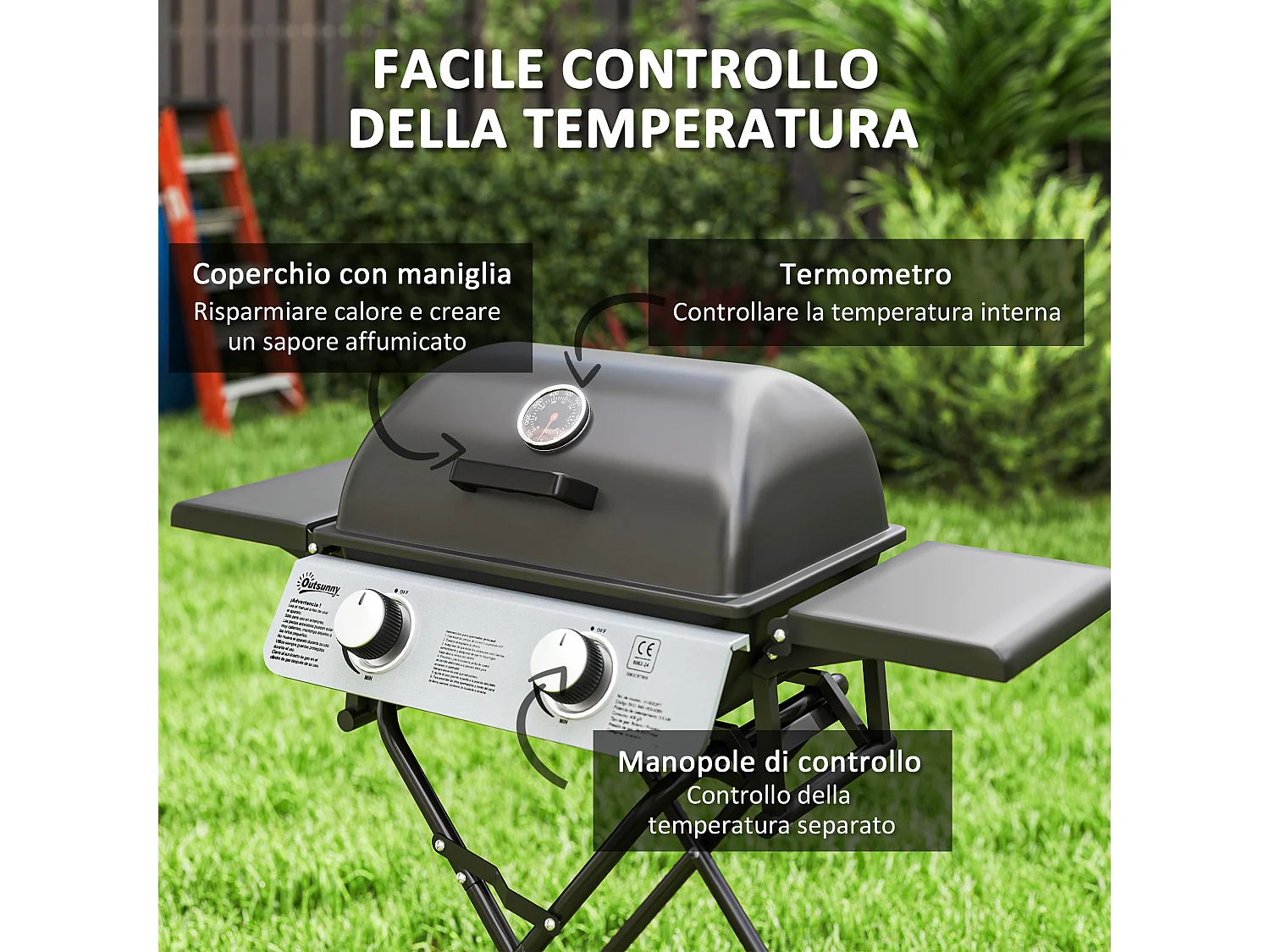 Barbecue a gas con 2 bruciatori e coperchio con termometro nero