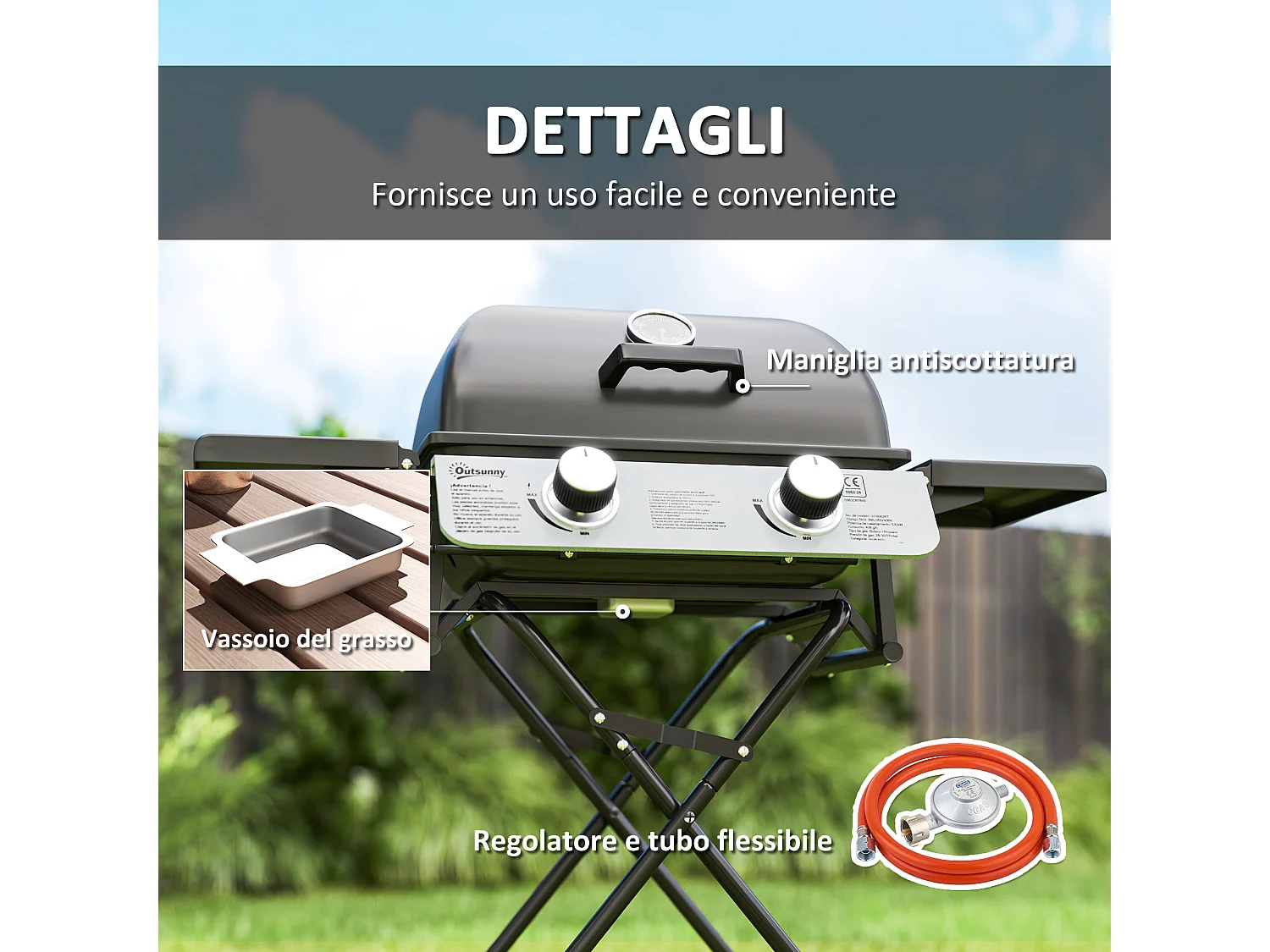 Barbecue a gas con 2 bruciatori e coperchio con termometro nero