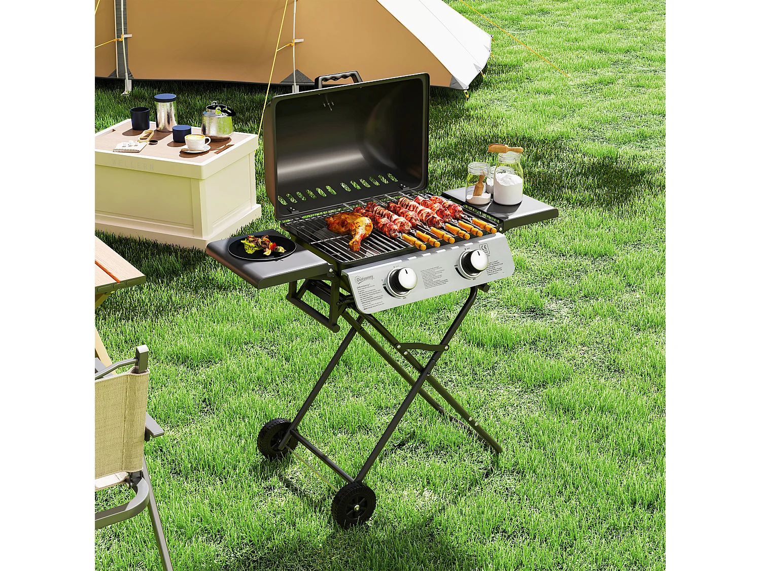 Barbecue a gas con 2 bruciatori e coperchio con termometro nero