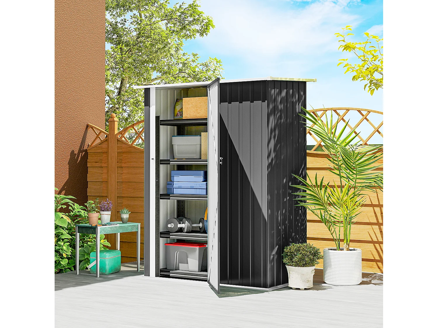 Capanno attrezzi in metallo con tetto inclinato grigio scuro