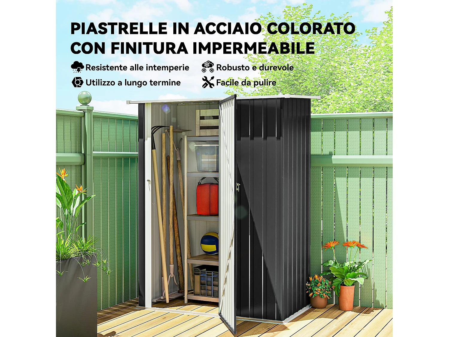 Capanno attrezzi in metallo con tetto inclinato grigio scuro