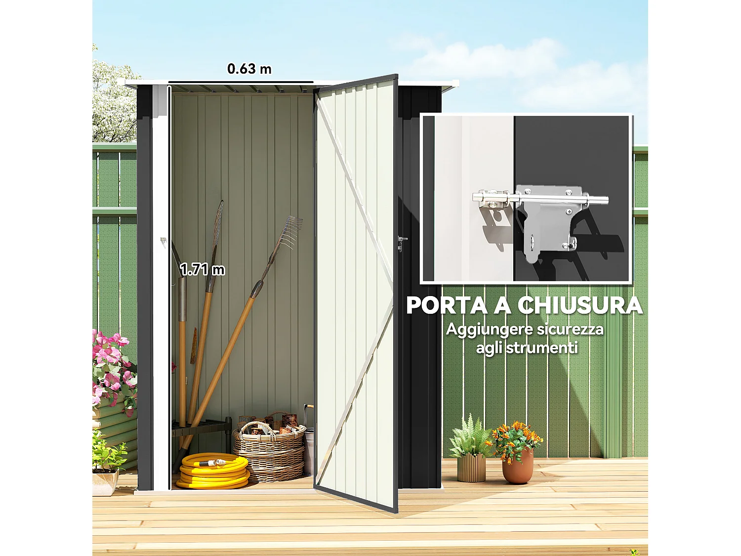 Capanno attrezzi in metallo con tetto inclinato grigio scuro