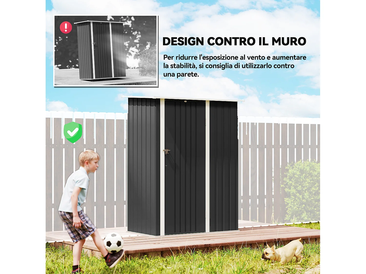 Capanno attrezzi in metallo con tetto inclinato grigio scuro