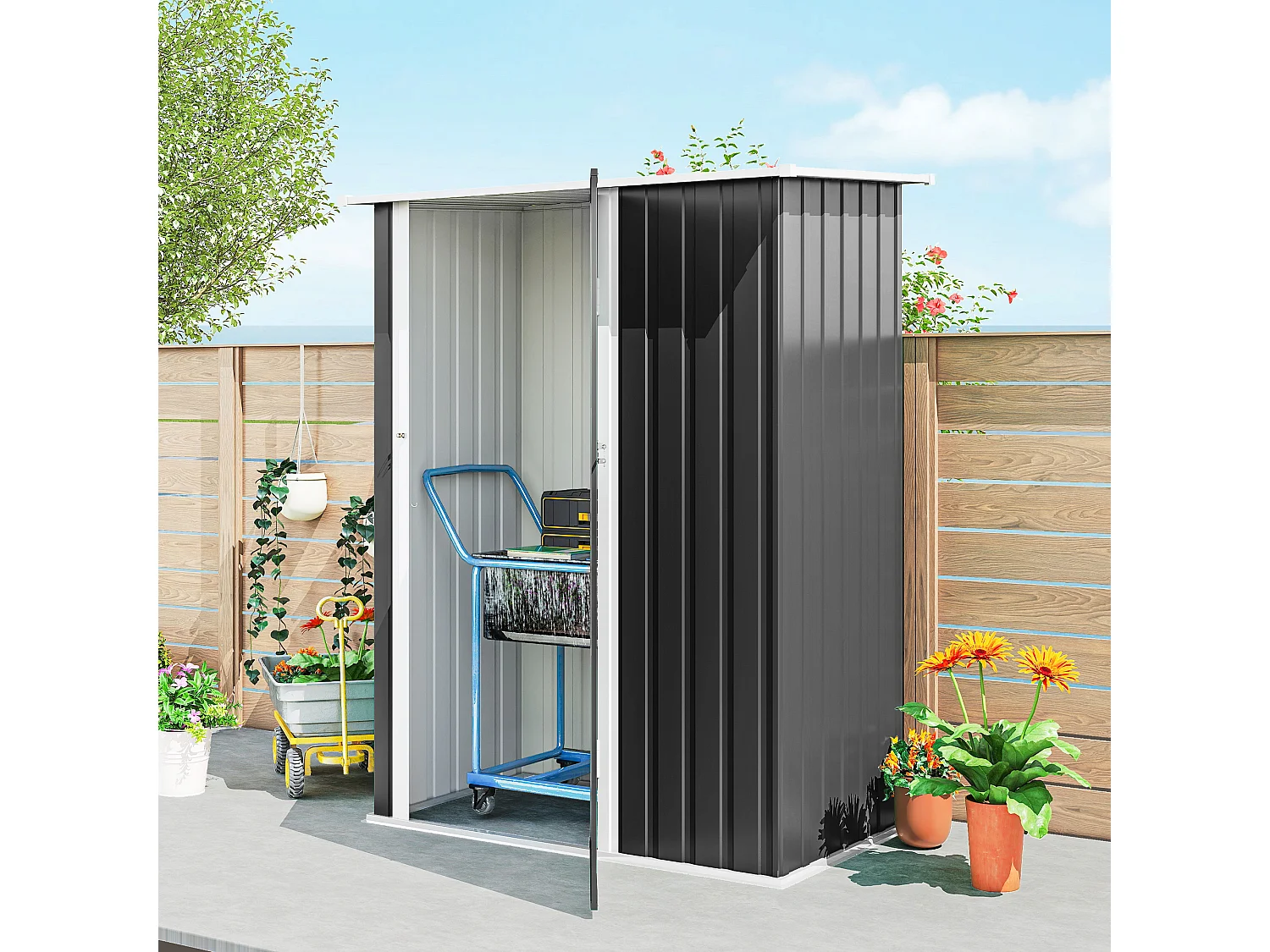 Capanno attrezzi in metallo con tetto inclinato grigio scuro