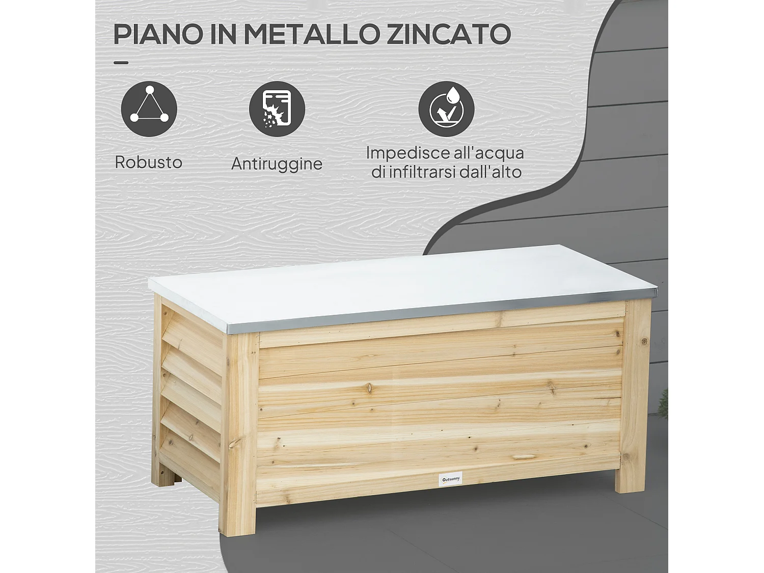 Baule da esterno 155l in legno con coperchio in metallo 110x50x50 cm