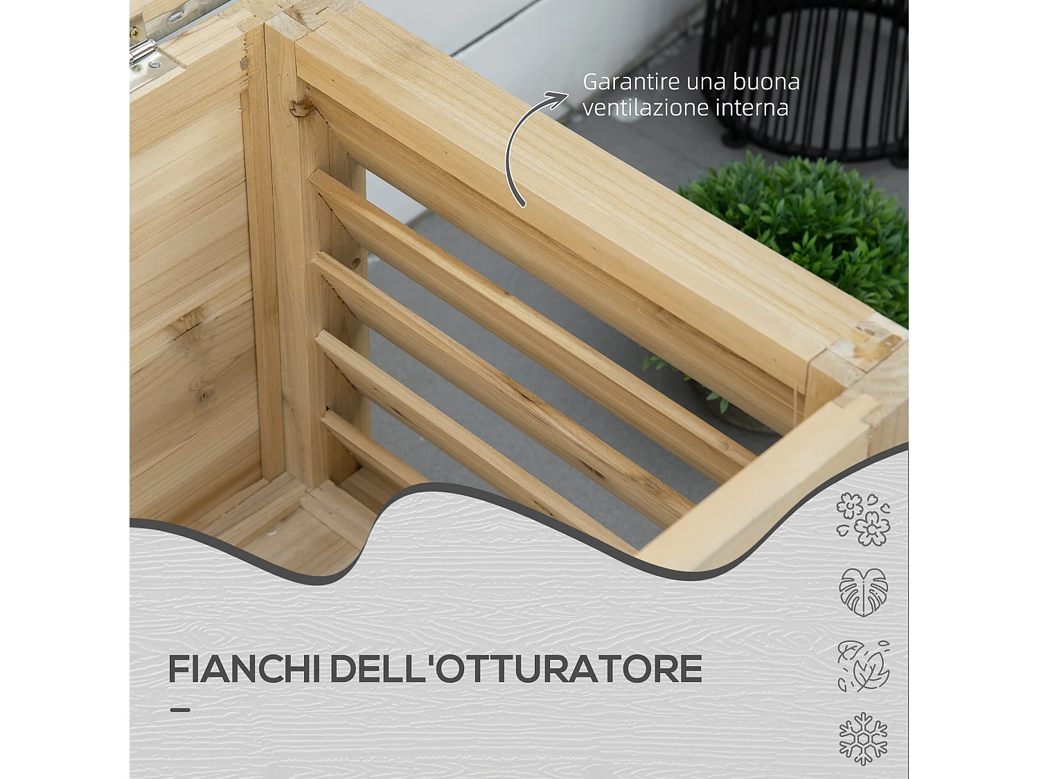 Baule da esterno 155l in legno con coperchio in metallo 110x50x50 cm