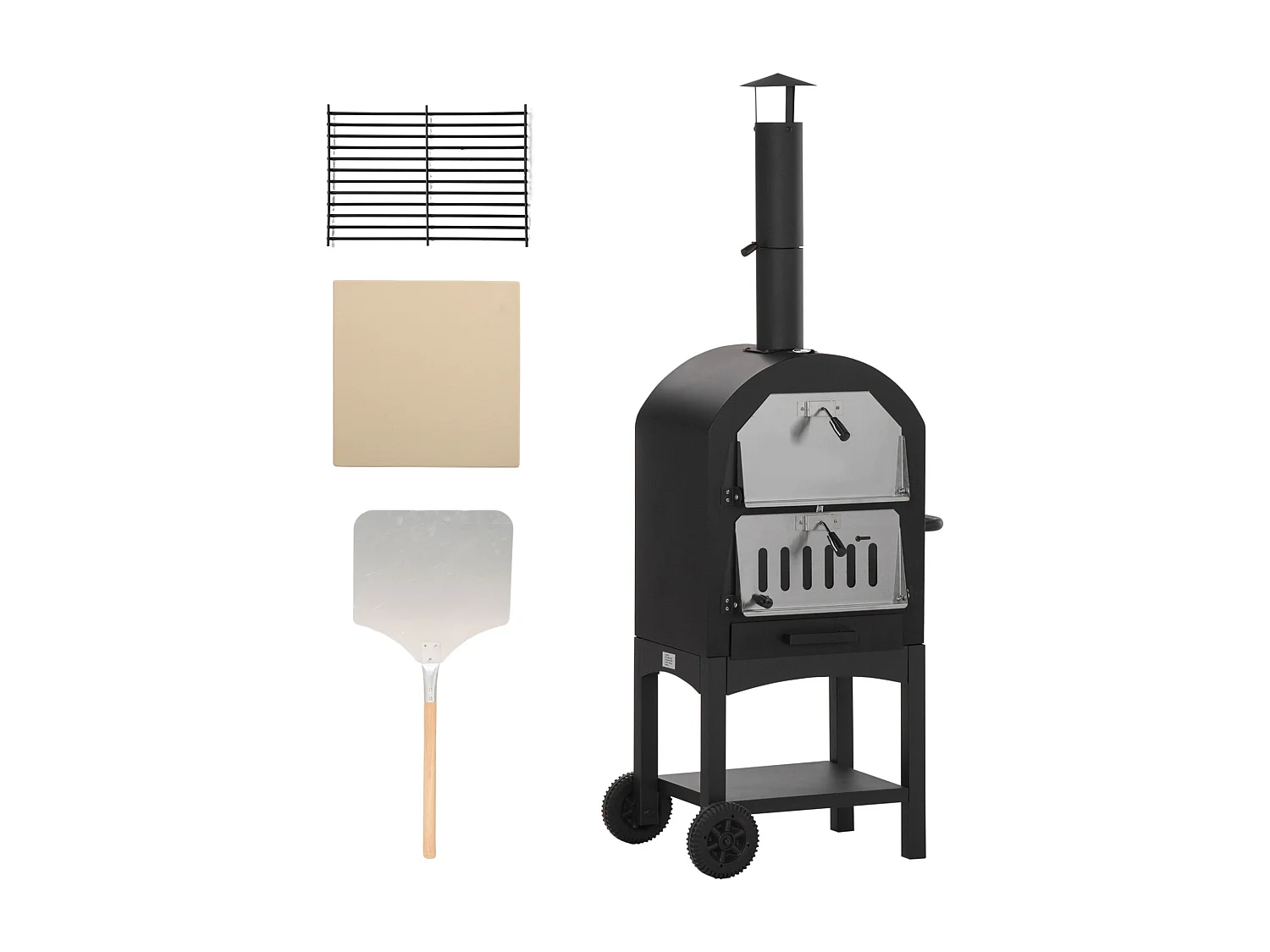 Forno per pizza e barbecue a carbone con camino e ruote nero