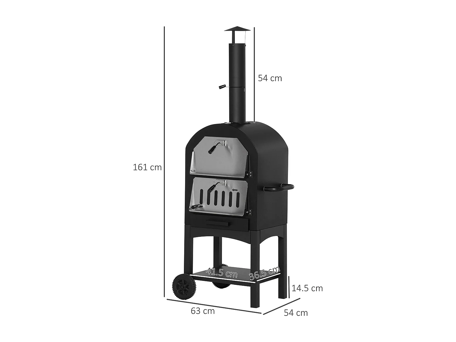 Forno per pizza e barbecue a carbone con camino e ruote nero