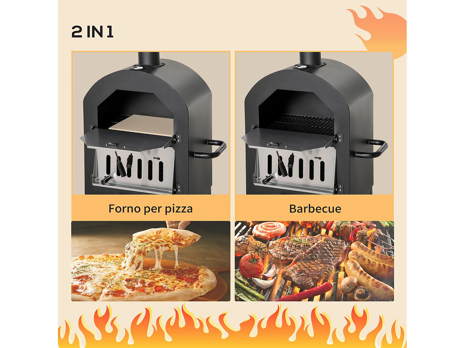 Forno per pizza e barbecue a carbone con camino e ruote nero