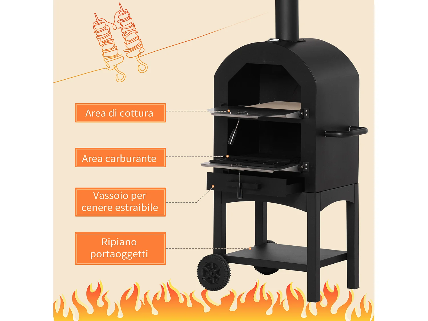 Forno per pizza e barbecue a carbone con camino e ruote nero