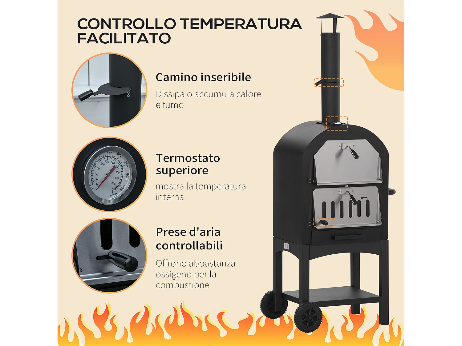 Forno per pizza e barbecue a carbone con camino e ruote nero