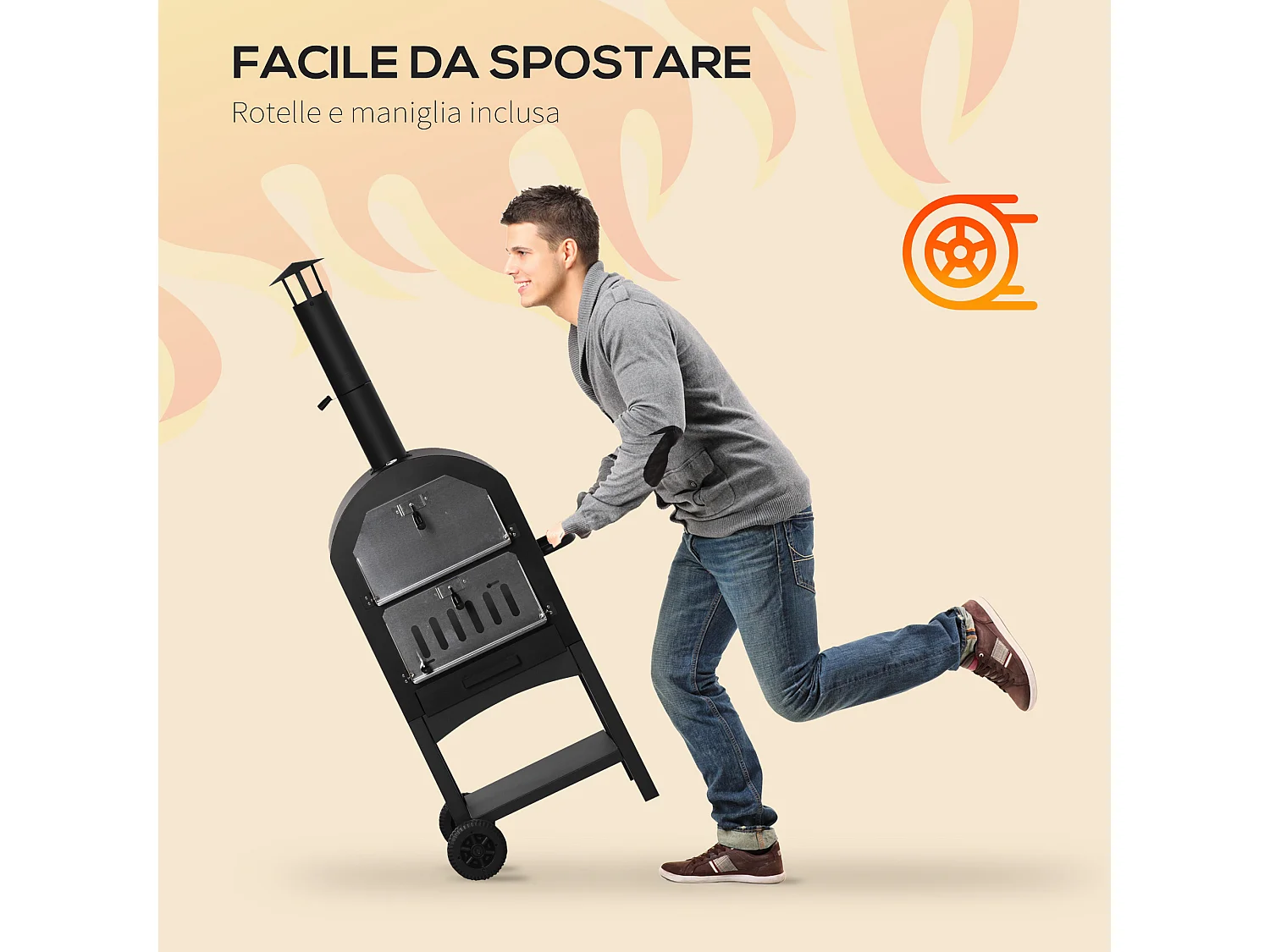 Forno per pizza e barbecue a carbone con camino e ruote nero